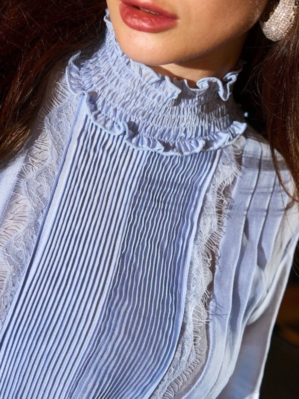Periwinkle Blue Pintuck Lace Trim Blouse with Smocked Collar - Picture 3 of 8